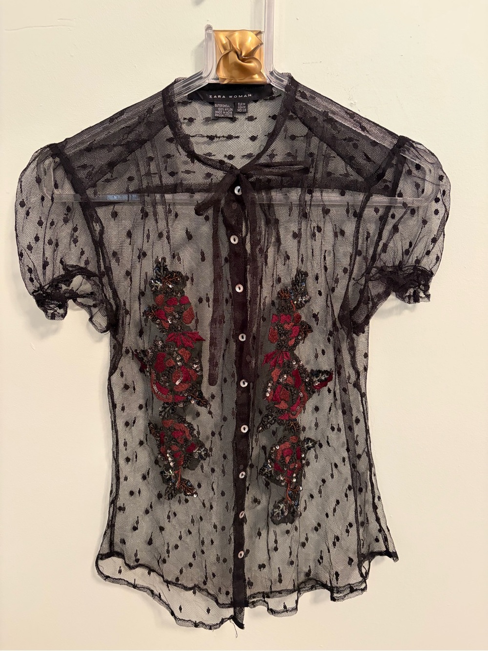 Zara Black Sheer Mesh Blouse with Red Floral Embroidery M